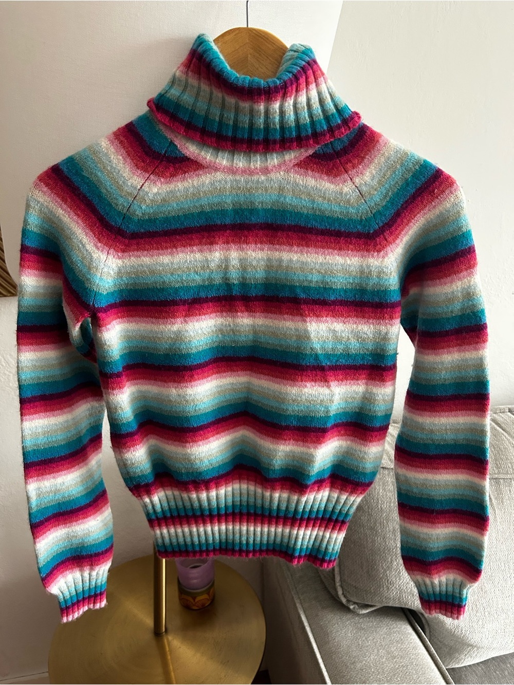 Vtg Y2K 2005 Gap Sweater Turtleneck Wool Blend Pink Blue Striped Womens M
